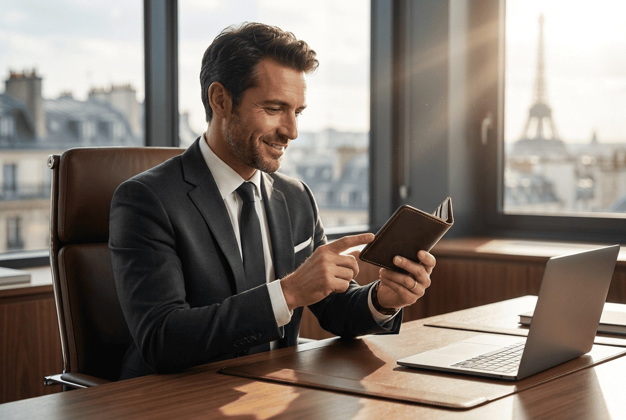 Un homme tenant un portefeuille en cuir dans un bureau sobre à Paris