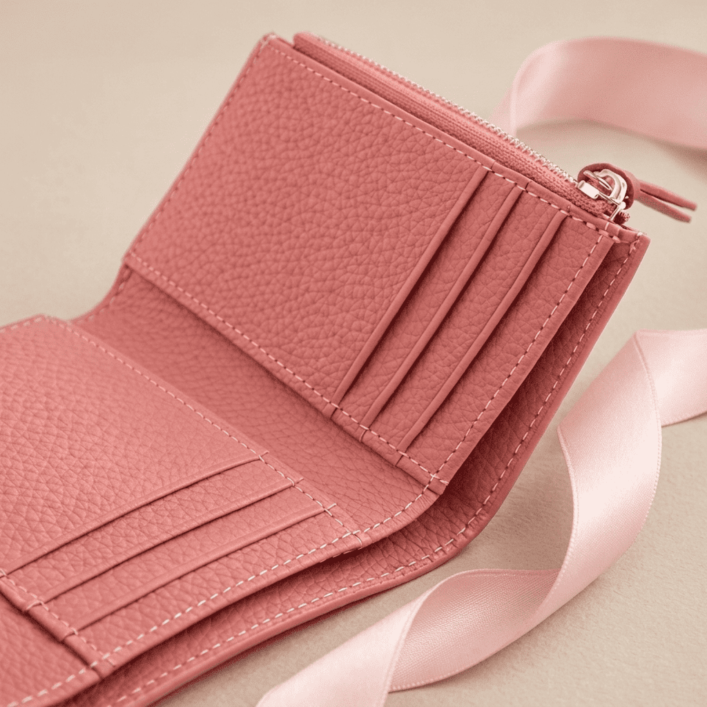 Portefeuille femme compact format enveloppe zippé en cuir synthétique rose intérieur Alystra avec ruban rose poudré — Novaleor
