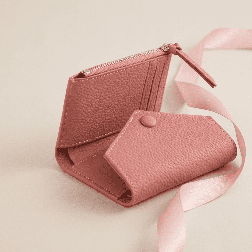 Portefeuille femme compact format enveloppe zippé en cuir synthétique rose ouvert Alystra avec ruban rose poudré — Novaleor