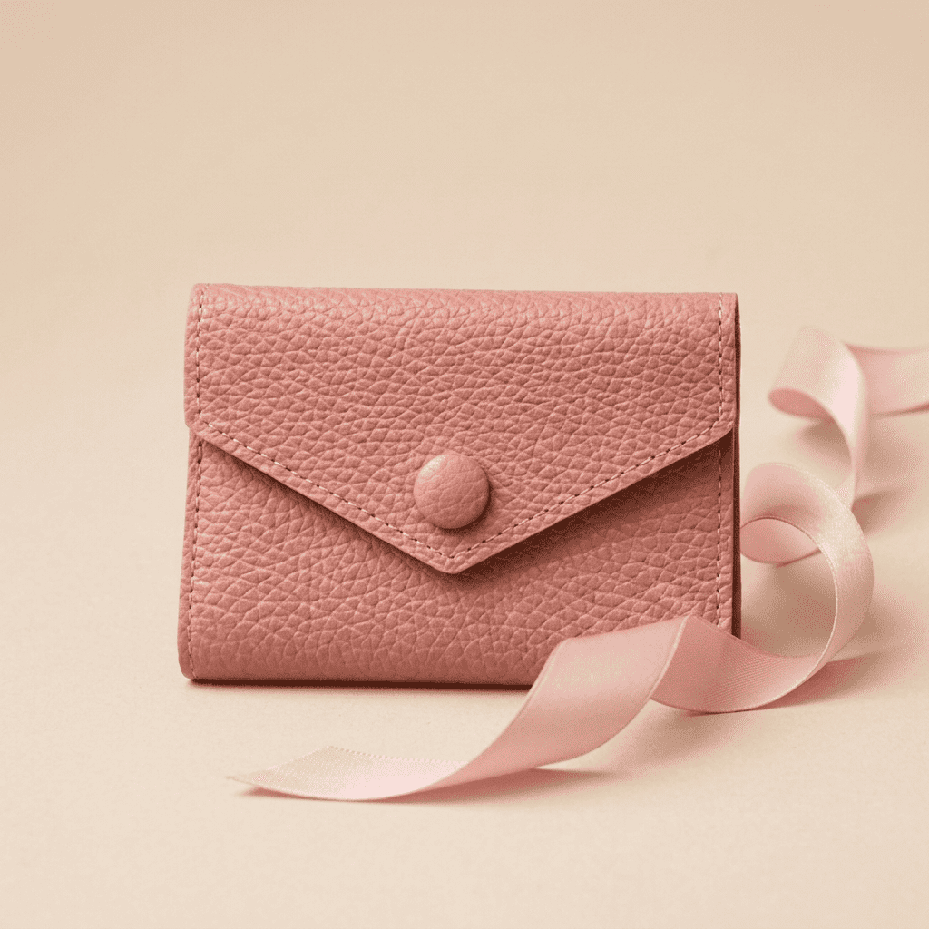 Portefeuille femme compact format enveloppe zippé en cuir synthétique rose Alystra avec ruban rose poudré — Novaleor