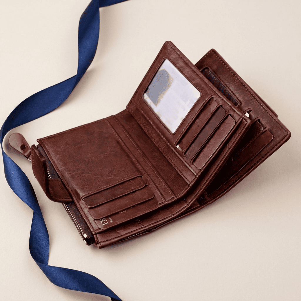 Portefeuille homme compact zippé RFID marron ouvert compartiments Arkos avec ruban bleu nuit — Novaleor