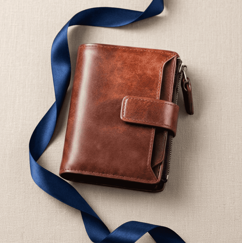 Portefeuille homme compact zippé RFID marron en cuir synthétique Arkos avec ruban bleu nuit — Novaleor