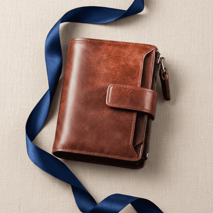 Portefeuille homme compact zippé RFID marron en cuir synthétique Arkos avec ruban bleu nuit — Novaleor