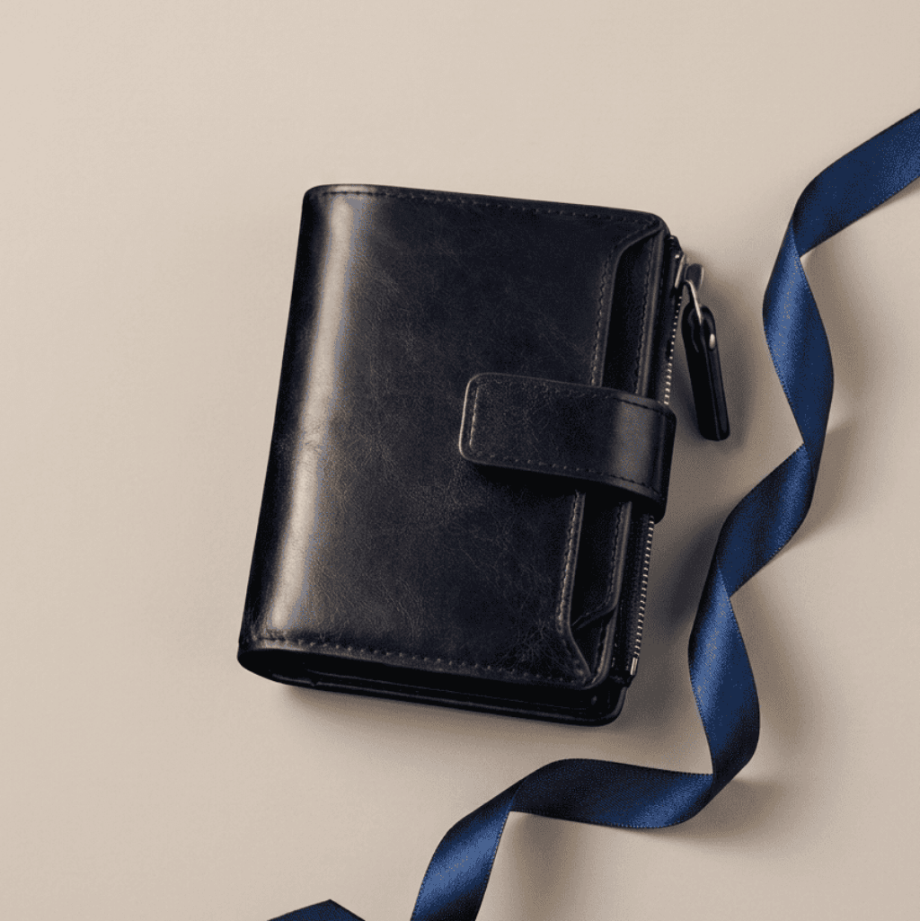 Portefeuille homme compact zippé RFID noir en cuir synthétique Arkos avec ruban bleu nuit — Novaleor