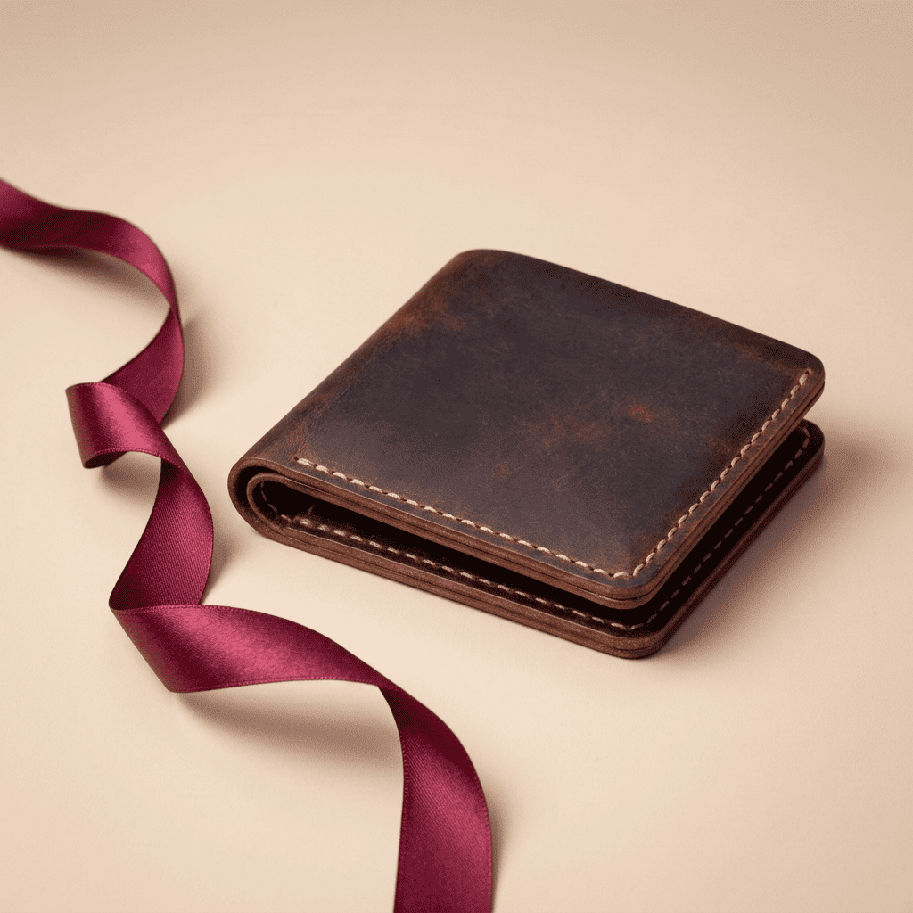 Portefeuille homme compact horizontal cuir véritable fait main côté Artéon avec ruban bordeaux — Novaleor