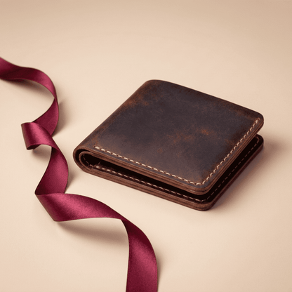 Portefeuille homme compact horizontal cuir véritable fait main côté Artéon avec ruban bordeaux — Novaleor