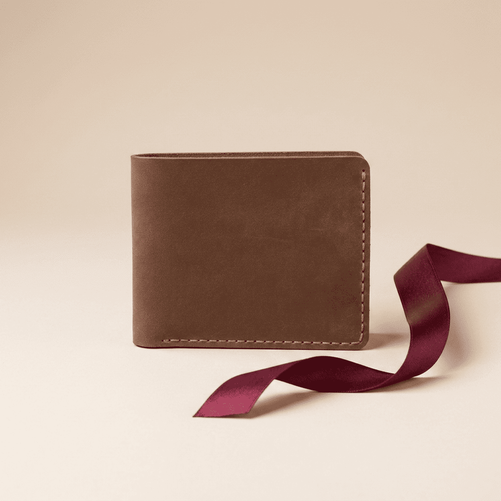 Portefeuille homme compact horizontal cuir véritable fait main marron clair Artéon avec ruban bordeaux — Novaleor