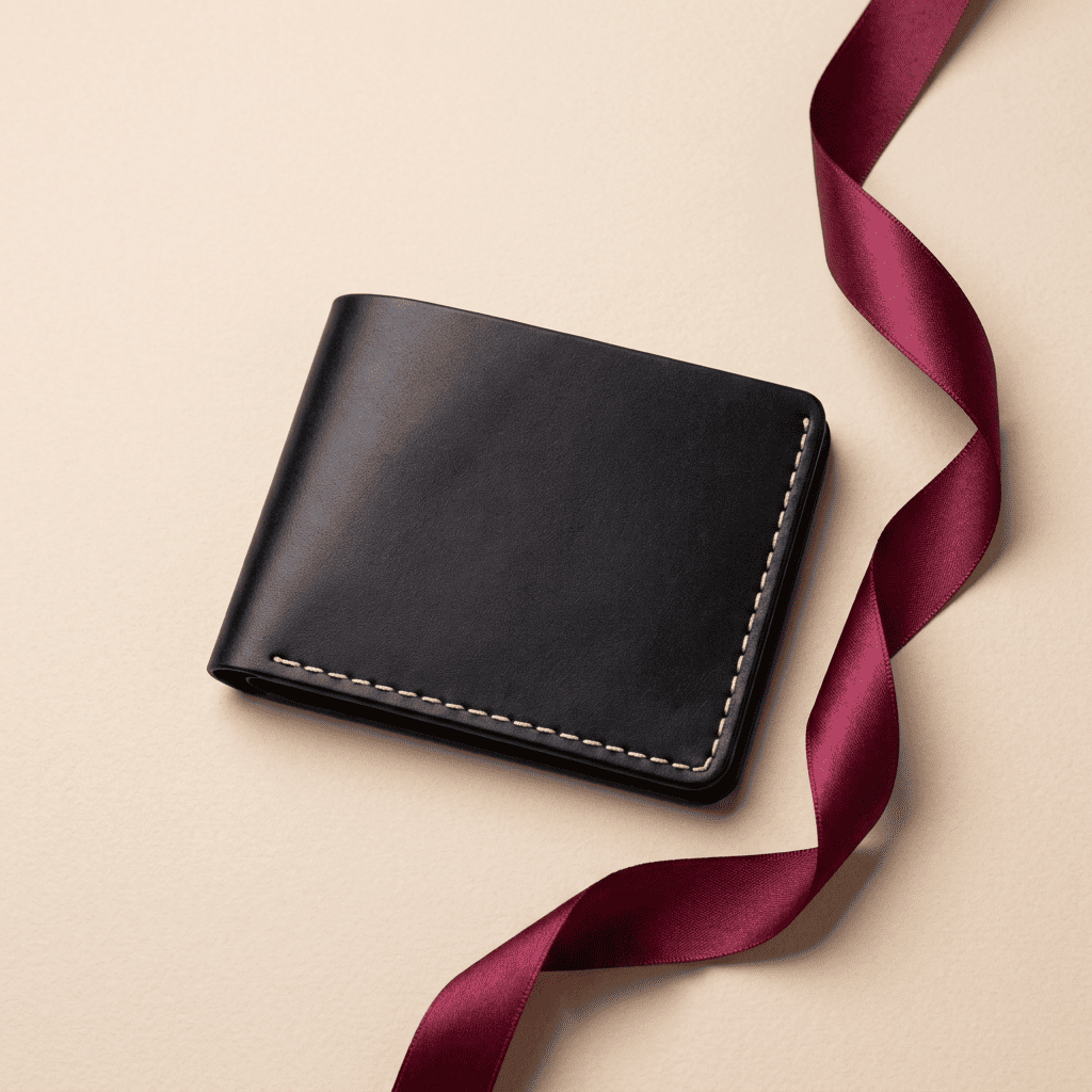 Portefeuille homme compact horizontal cuir véritable fait main noir Artéon avec ruban bordeaux — Novaleor