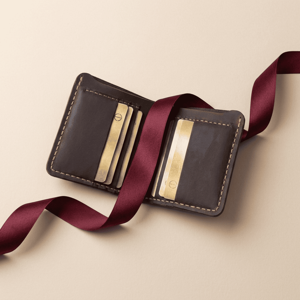 Portefeuille homme compact horizontal cuir véritable fait main ouvert Artéon avec ruban bordeaux — Novaleor