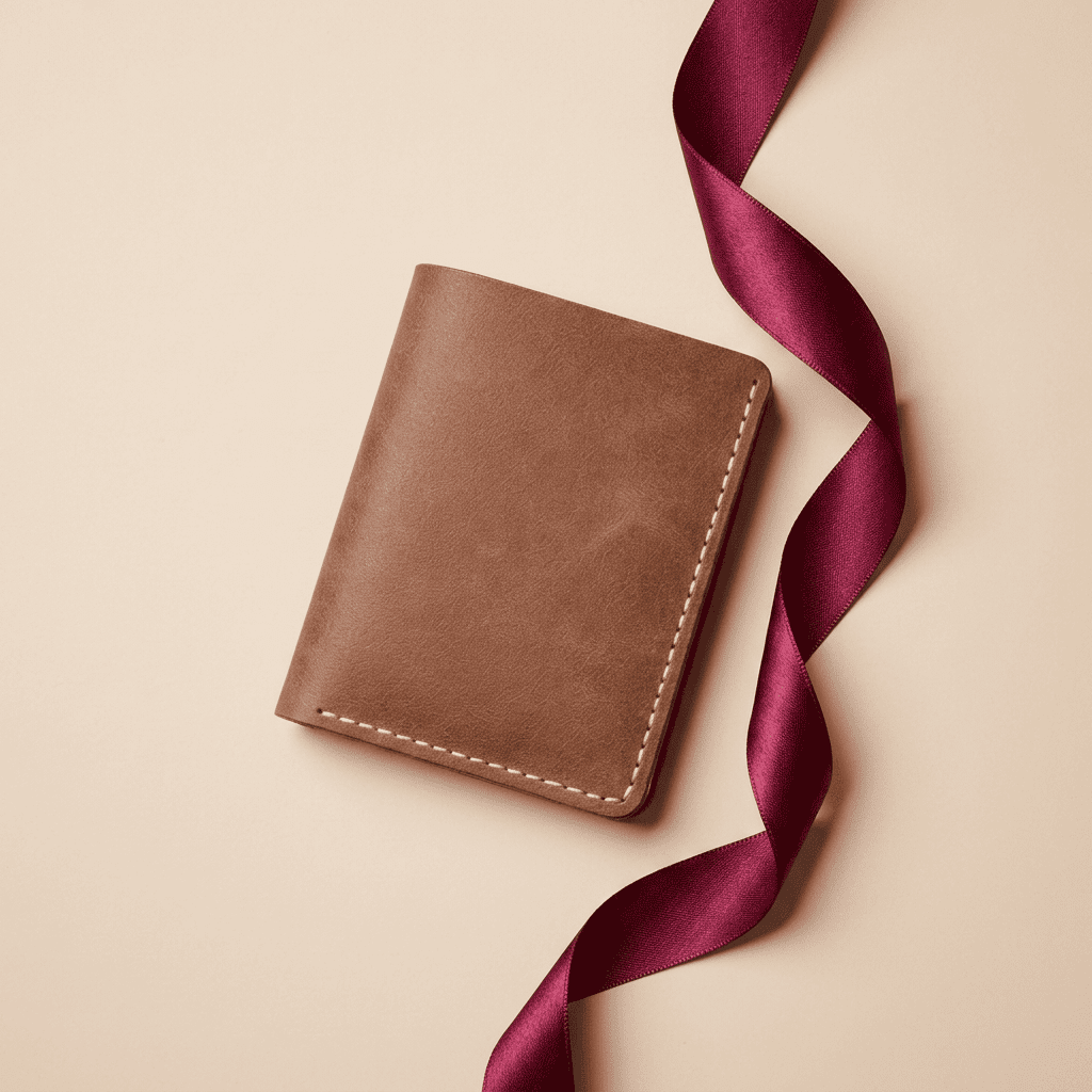 Portefeuille homme compact vertical cuir véritable fait main camel Artéon avec ruban bordeaux — Novaleor