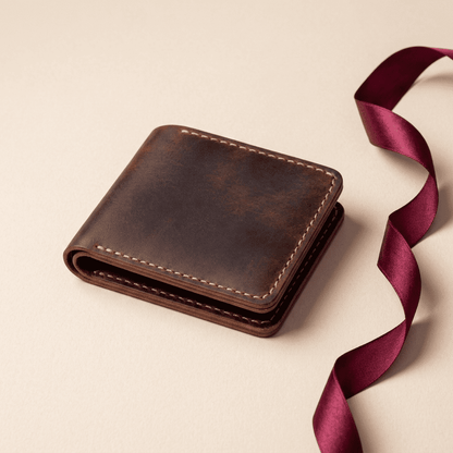 Portefeuille homme compact vertical cuir véritable fait main marron incliné Artéon avec ruban bordeaux — Novaleor