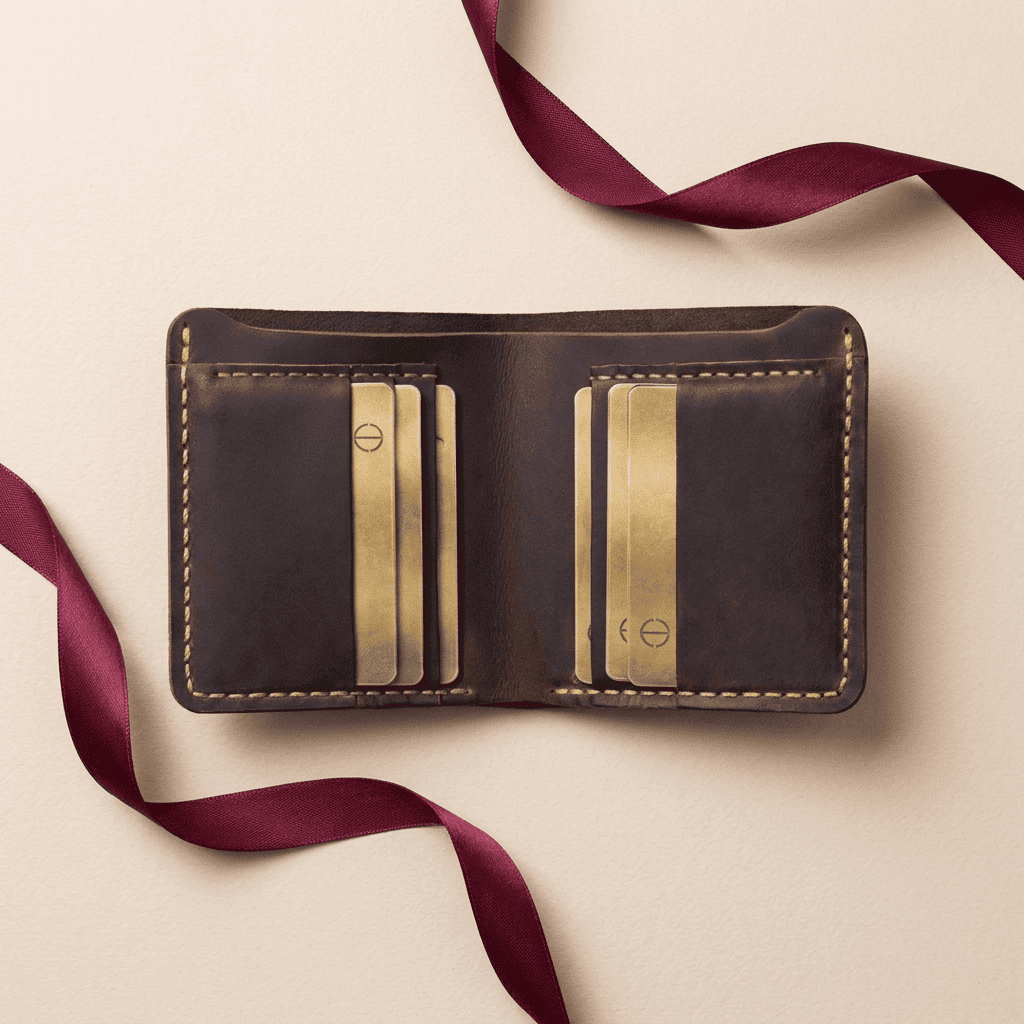 Portefeuille homme compact vertical cuir véritable fait main marron ouvert compartiments Artéon avec ruban bordeaux — Novaleor