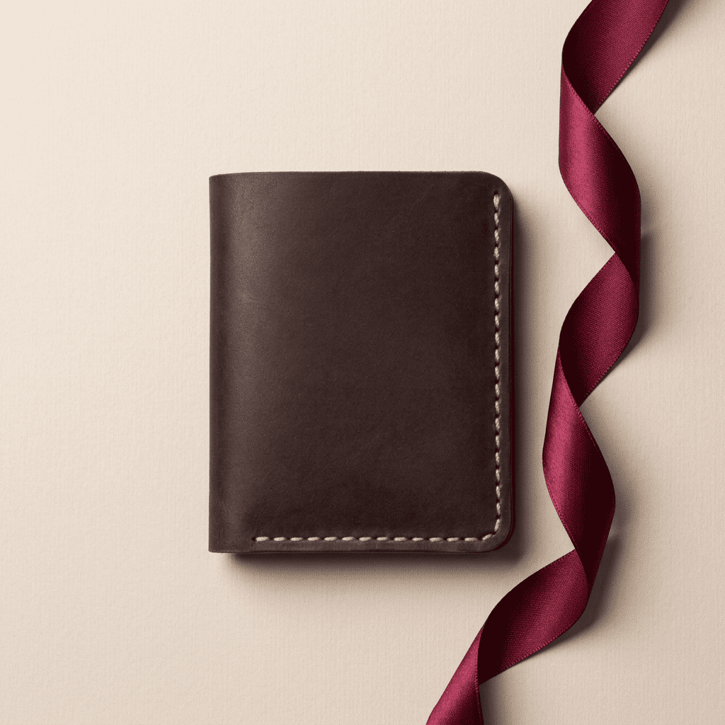 Portefeuille homme compact vertical cuir véritable fait main marron Artéon avec ruban bordeaux — Novaleor