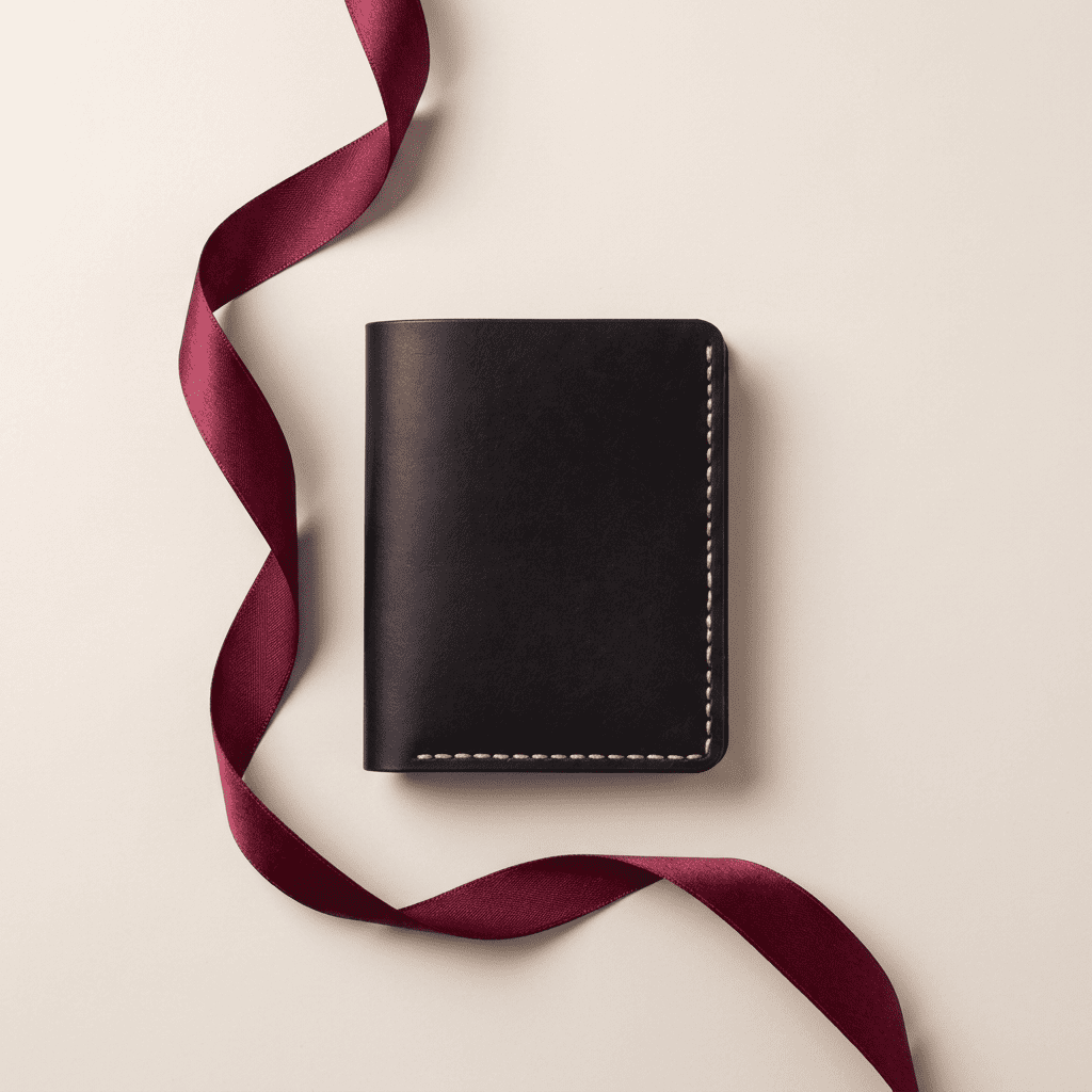 Portefeuille homme compact vertical cuir véritable fait main noir Artéon avec ruban bordeaux — Novaleor