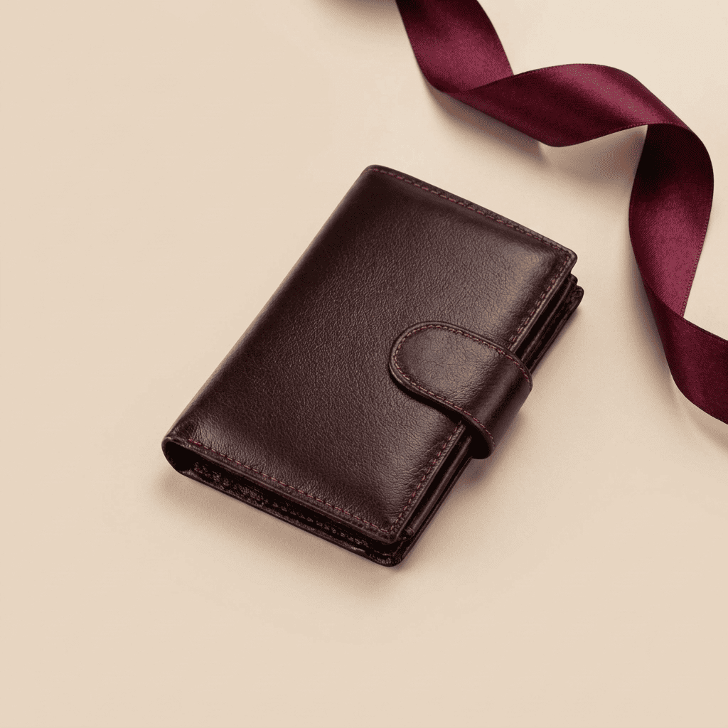 Portefeuille homme à rabat cuir véritable RFID chocolat Aurélion avec ruban bordeaux — Novaleor