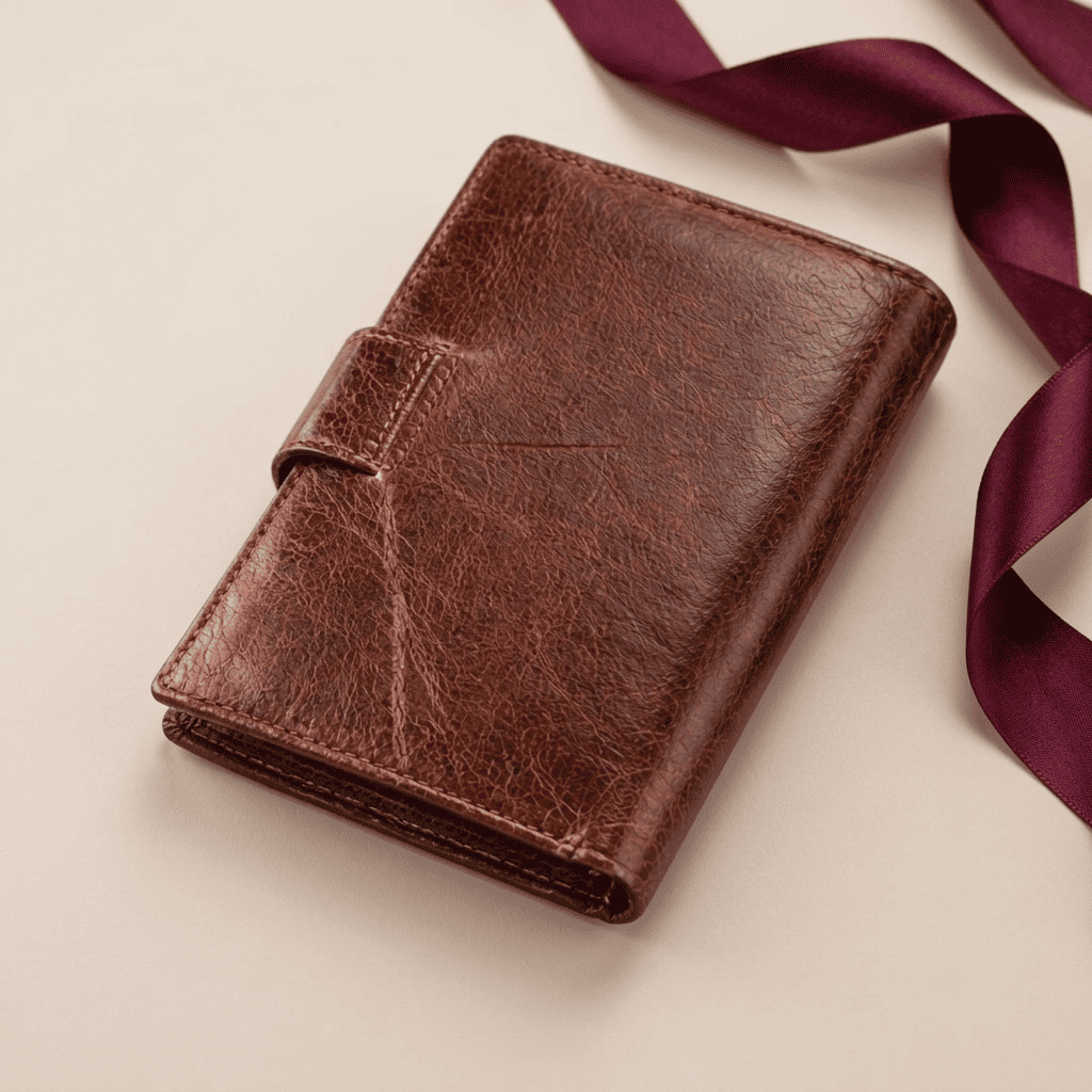 Portefeuille homme à rabat cuir véritable RFID marron arrière Aurélion avec ruban bordeaux — Novaleor