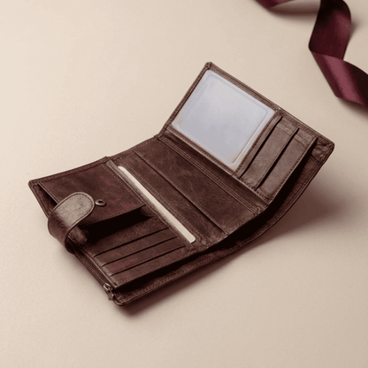 Portefeuille homme à rabat cuir véritable RFID marron ouvert compartiments Aurélion avec ruban bordeaux — Novaleor