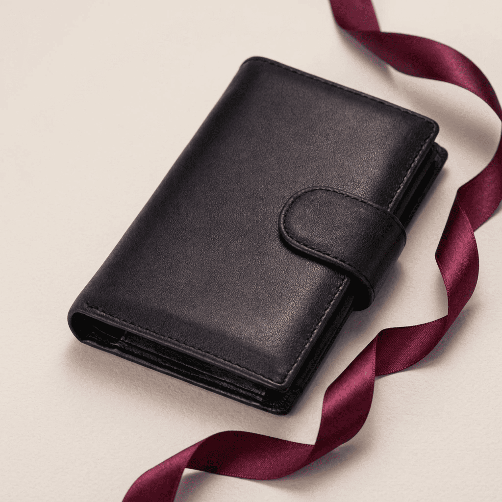 Portefeuille homme à rabat cuir véritable RFID noir Aurélion avec ruban bordeaux — Novaleor