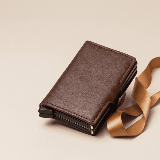 Porte-cartes RFID grande capacité double compartiment café Axion avec ruban cognac doré — Novaleor