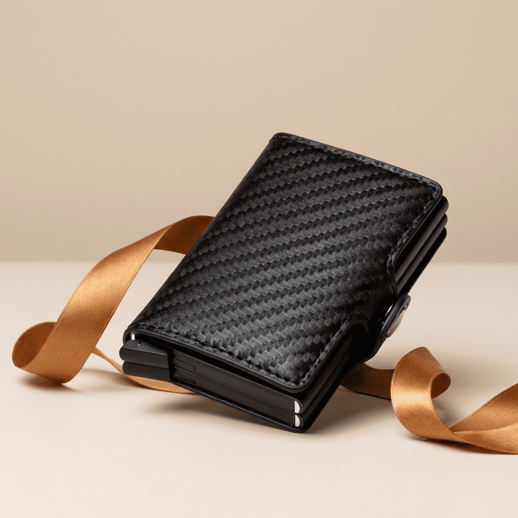 Porte-cartes RFID grande capacité double compartiment noir carbone Axion avec ruban cognac doré — Novaleor