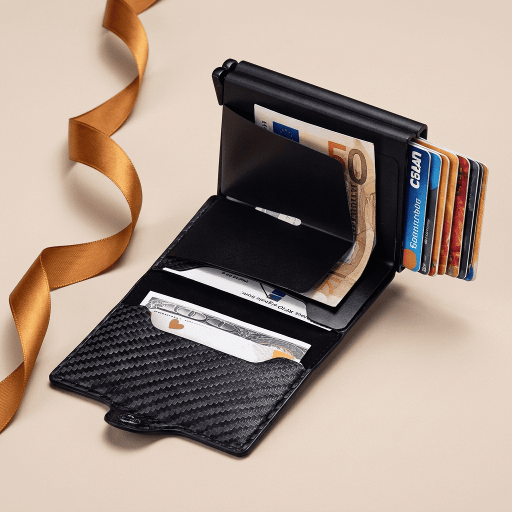 Porte-cartes RFID grande capacité double compartiment ouvert Axion avec ruban cognac doré — Novaleor