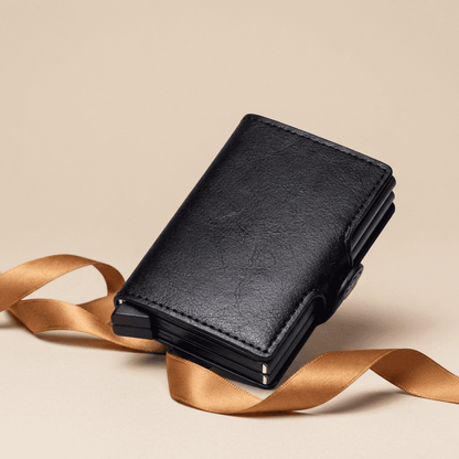 Porte-cartes RFID grande capacité double compartiment noir Axion avec ruban cognac doré — Novaleor