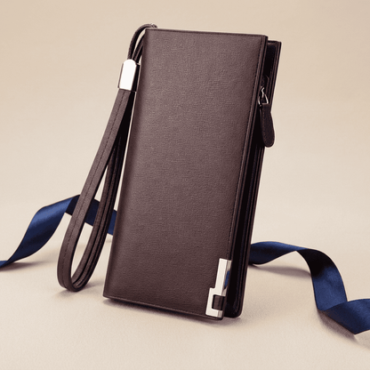 Portefeuille homme grande capacité zippé cuir synthétique bordeaux Baellery avec ruban bleu nuit — Novaleor