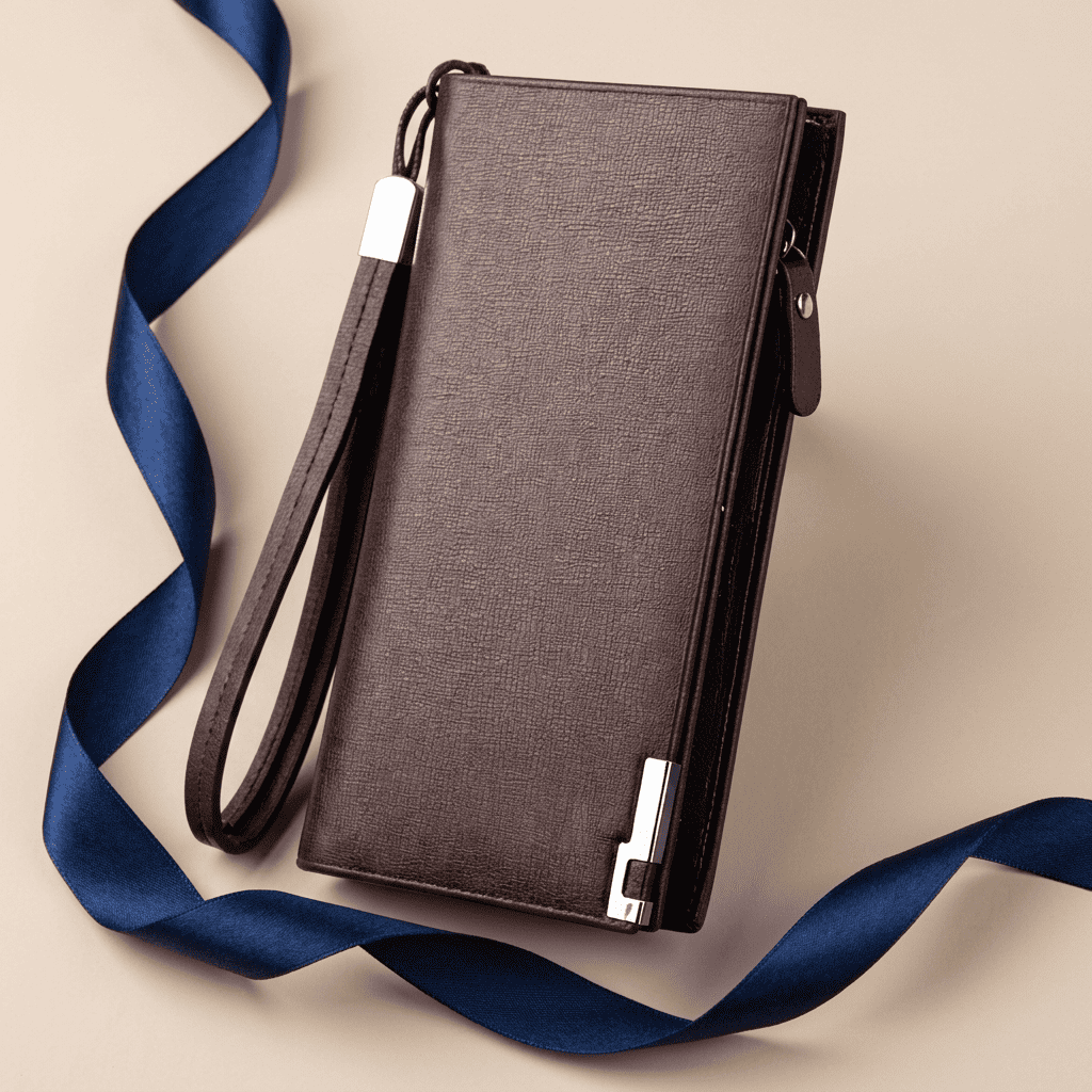 Portefeuille homme grande capacité zippé cuir synthétique marron Baellery avec ruban bleu nuit — Novaleor