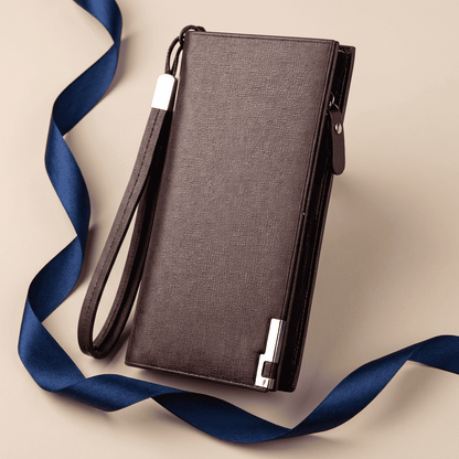 Portefeuille homme grande capacité zippé cuir synthétique marron Baellery avec ruban bleu nuit — Novaleor