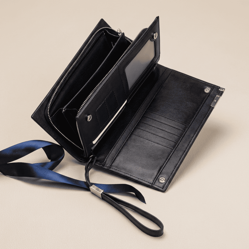Portefeuille homme grande capacité zippé cuir synthétique ouvert Baellery avec ruban bleu nuit — Novaleor