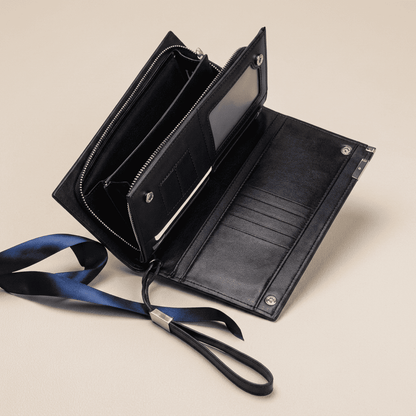 Portefeuille homme grande capacité zippé cuir synthétique ouvert Baellery avec ruban bleu nuit — Novaleor