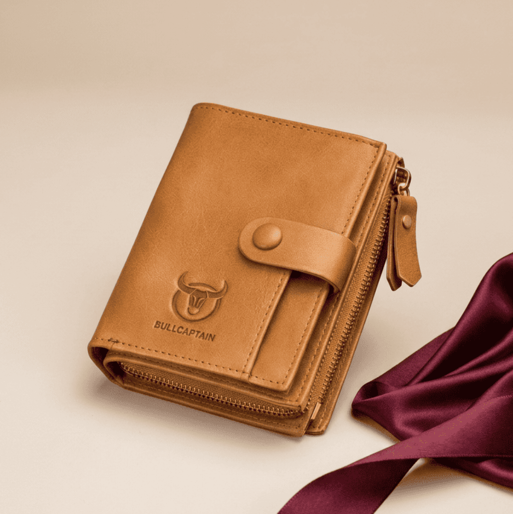 Portefeuille homme grande capacité RFID cuir véritable camel Bullcaptain avec ruban bordeaux — Novaleor