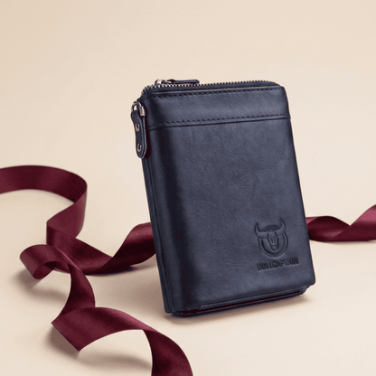 Portefeuille homme compact RFID cuir véritable bleu Bullcaptain avec ruban bordeaux — Novaleor