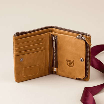 Portefeuille homme compact RFID cuir véritable camel ouvert compartiments Bullcaptain avec ruban bordeaux — Novaleor