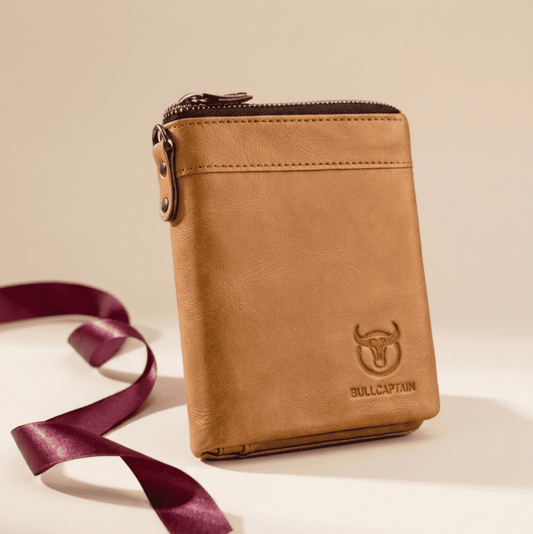 Portefeuille homme compact RFID cuir véritable camel Bullcaptain avec ruban bordeaux — Novaleor