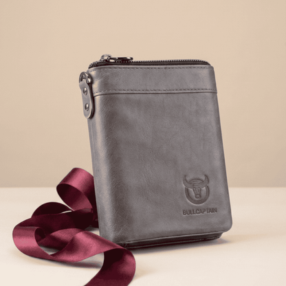 Portefeuille homme compact RFID cuir véritable gris Bullcaptain avec ruban bordeaux — Novaleor