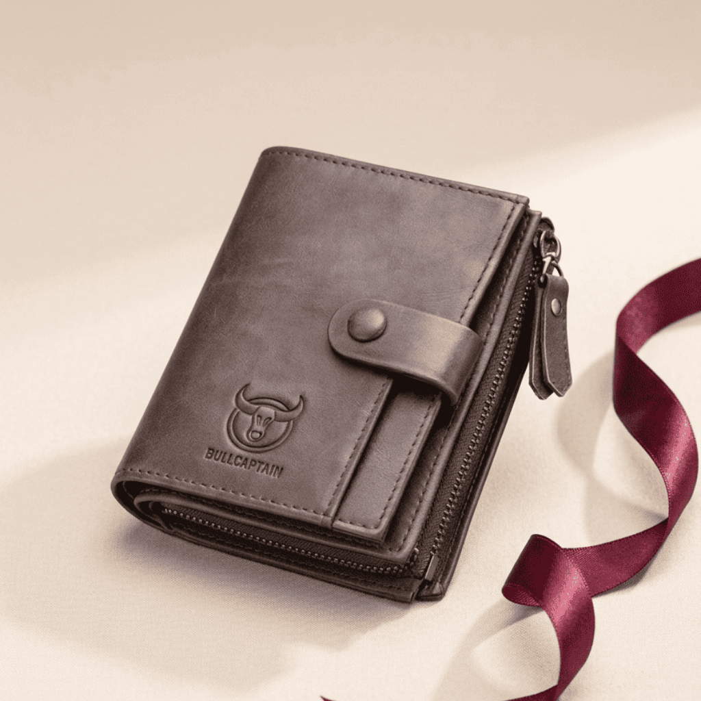 Portefeuille homme grande capacité RFID cuir véritable gris Bullcaptain avec ruban bordeaux — Novaleor