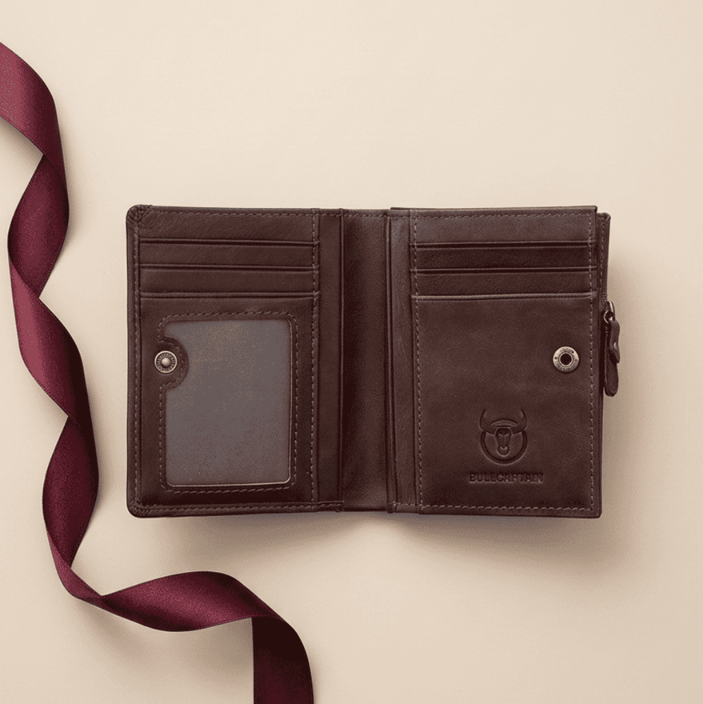 Portefeuille homme grande capacité RFID cuir véritable marron ouvert compartiments Bullcaptain avec ruban bordeaux — Novaleor