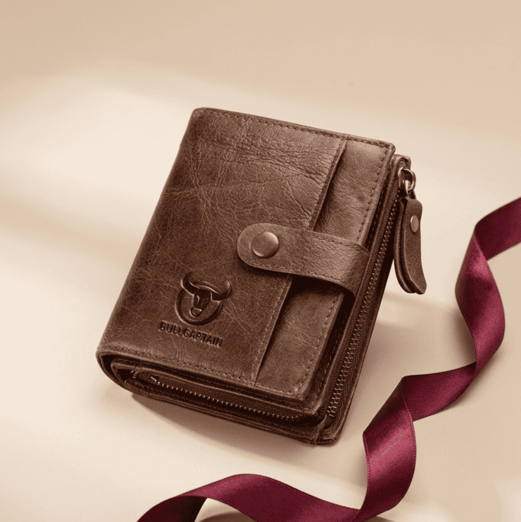 Portefeuille homme grande capacité RFID cuir véritable marron Bullcaptain avec ruban bordeaux — Novaleor