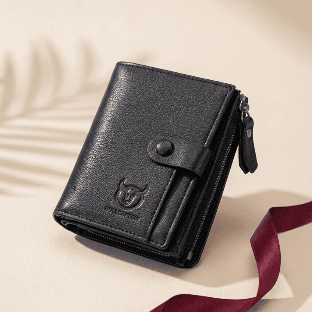 Portefeuille homme grande capacité RFID cuir véritable noir Bullcaptain avec ruban bordeaux — Novaleor
