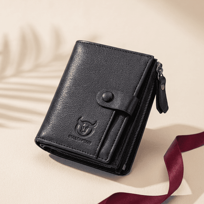 Portefeuille homme grande capacité RFID cuir véritable noir Bullcaptain avec ruban bordeaux — Novaleor