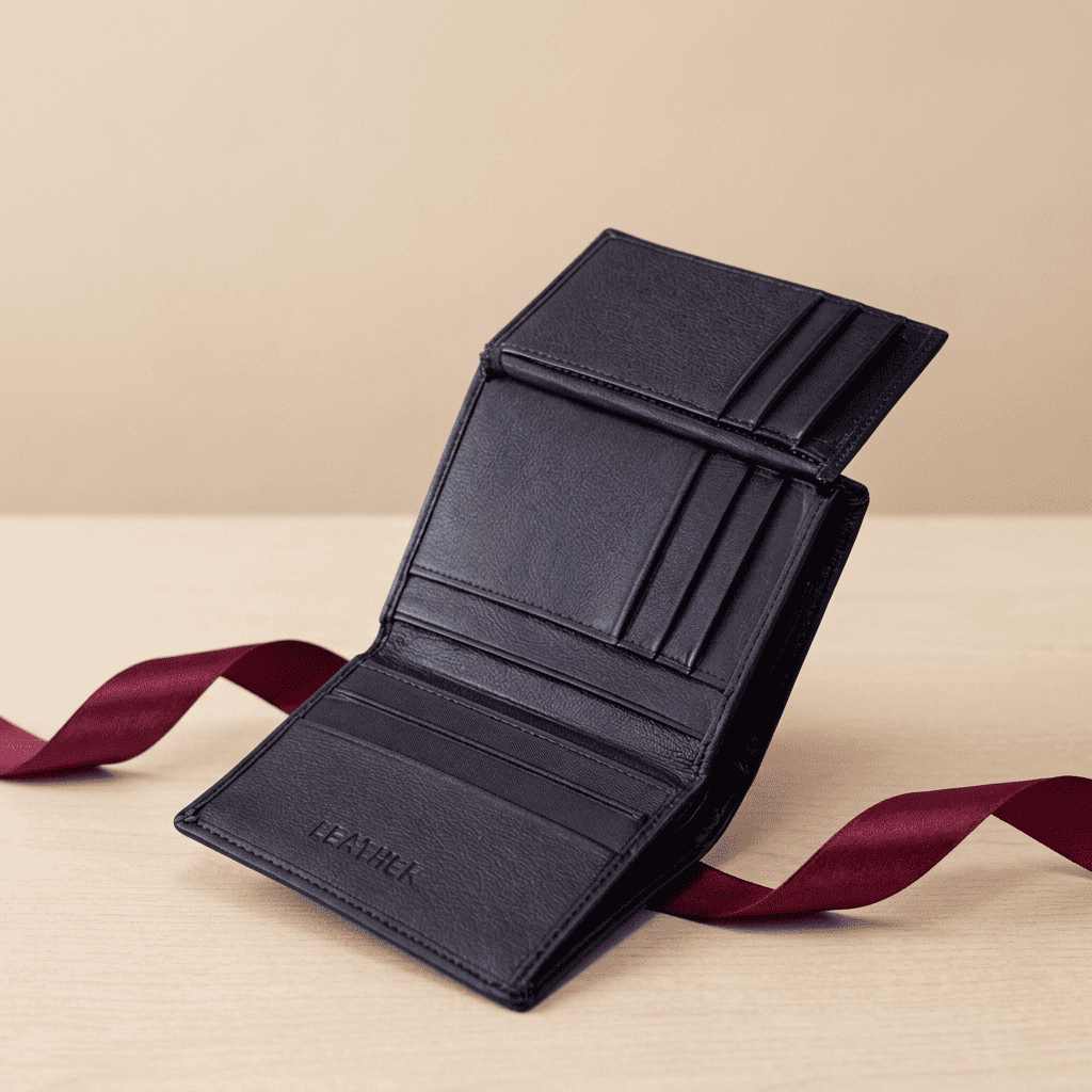 Portefeuille homme 3 volets zippé RFID cuir véritable noir déplié Calyon avec ruban bordeaux — Novaleor