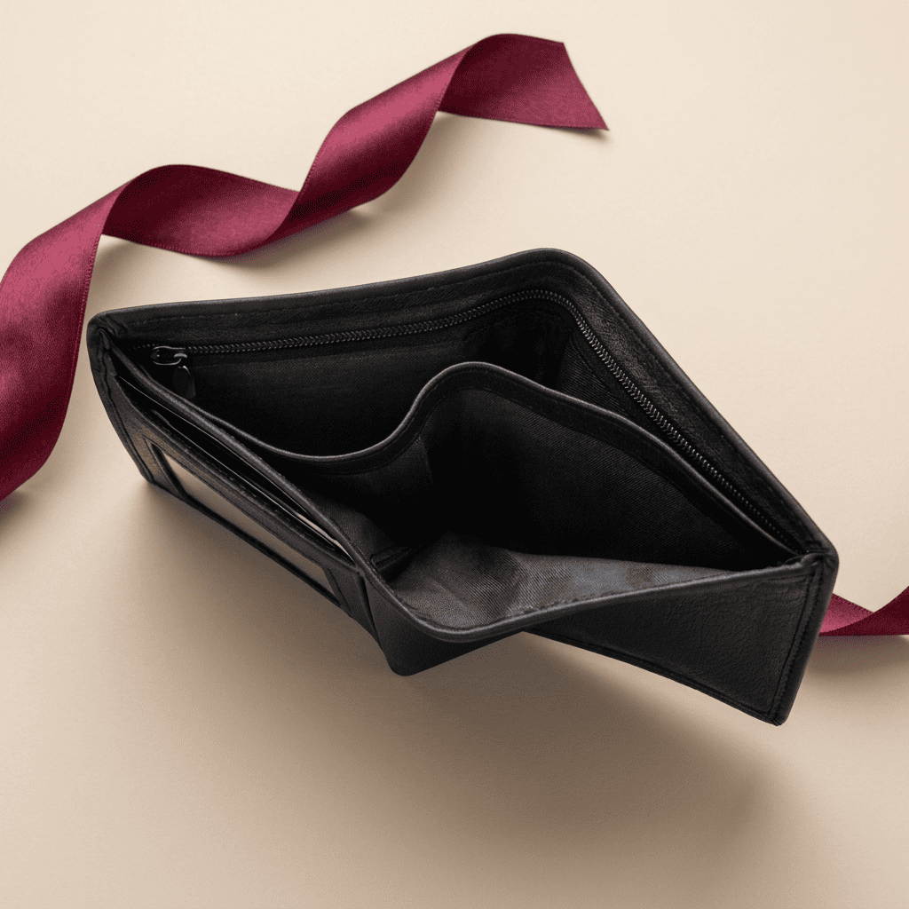 Portefeuille homme 3 volets zippé RFID cuir véritable noir ouvert Calyon avec ruban bordeaux — Novaleor