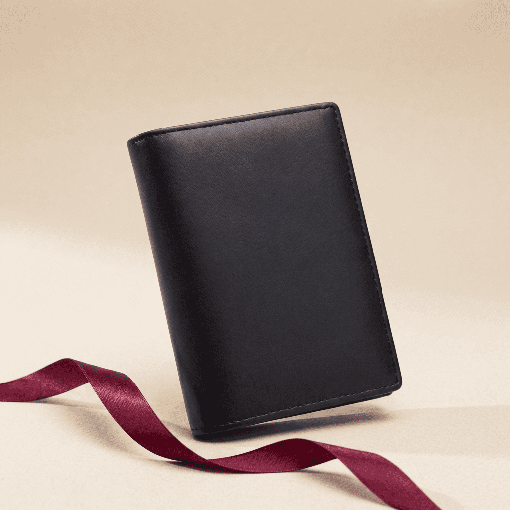 Portefeuille homme 3 volets zippé RFID cuir véritable noir Calyon avec ruban bordeaux — Novaleor