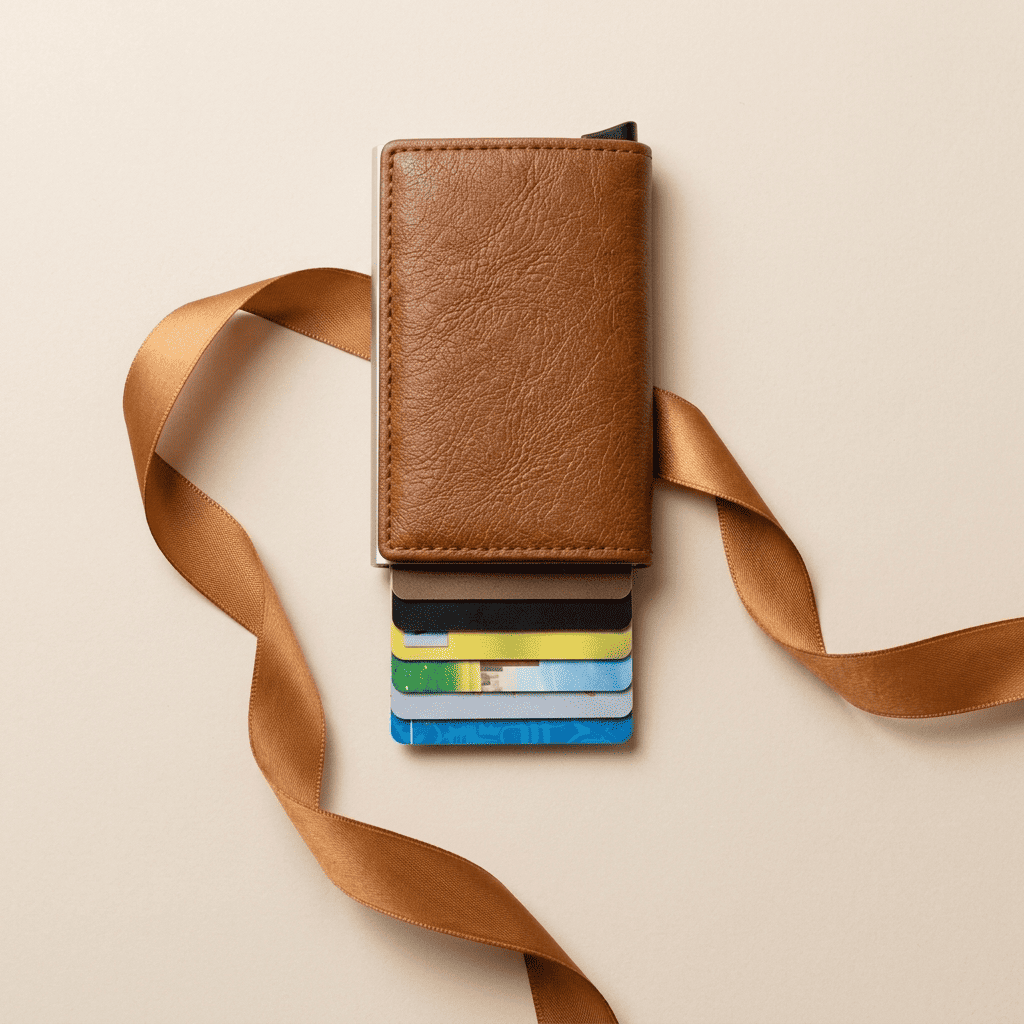 Porte-cartes RFID slim aluminium marron clair Carvex avec ruban cognac doré — Novaleor