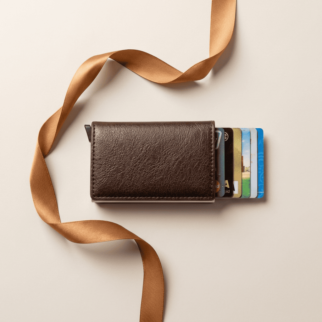 Porte-cartes RFID slim aluminium marron Carvex avec ruban cognac doré — Novaleor