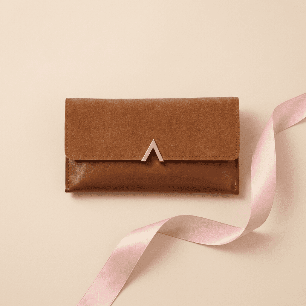 Portefeuille femme long marron en cuir synthétique Celestia avec ruban rose poudré — Novaleor