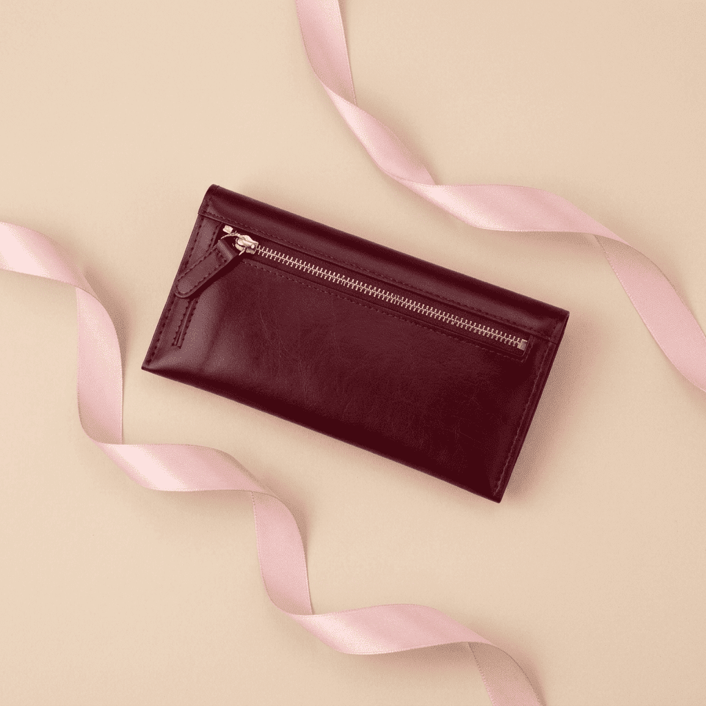 Portefeuille femme long vin rouge en cuir synthétique Celestia avec ruban rose poudré — Novaleor