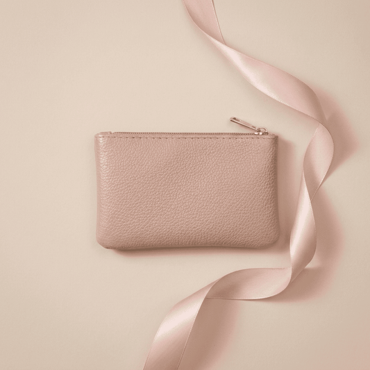 Portefeuille femme compact zippé ultra-léger beige Eloria avec ruban rose poudré — Novaleor