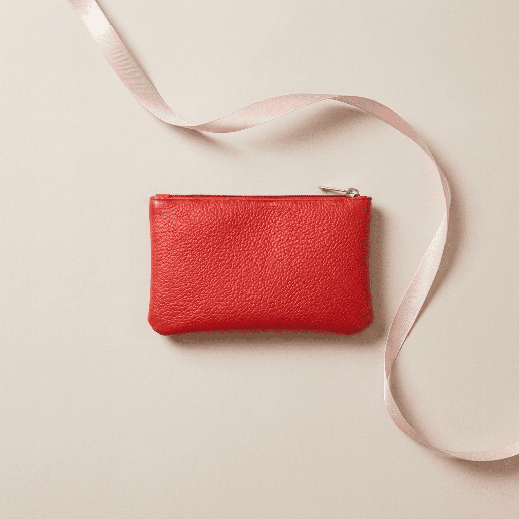 Portefeuille femme compact zippé ultra-léger rouge Eloria avec ruban rose poudré — Novaleor